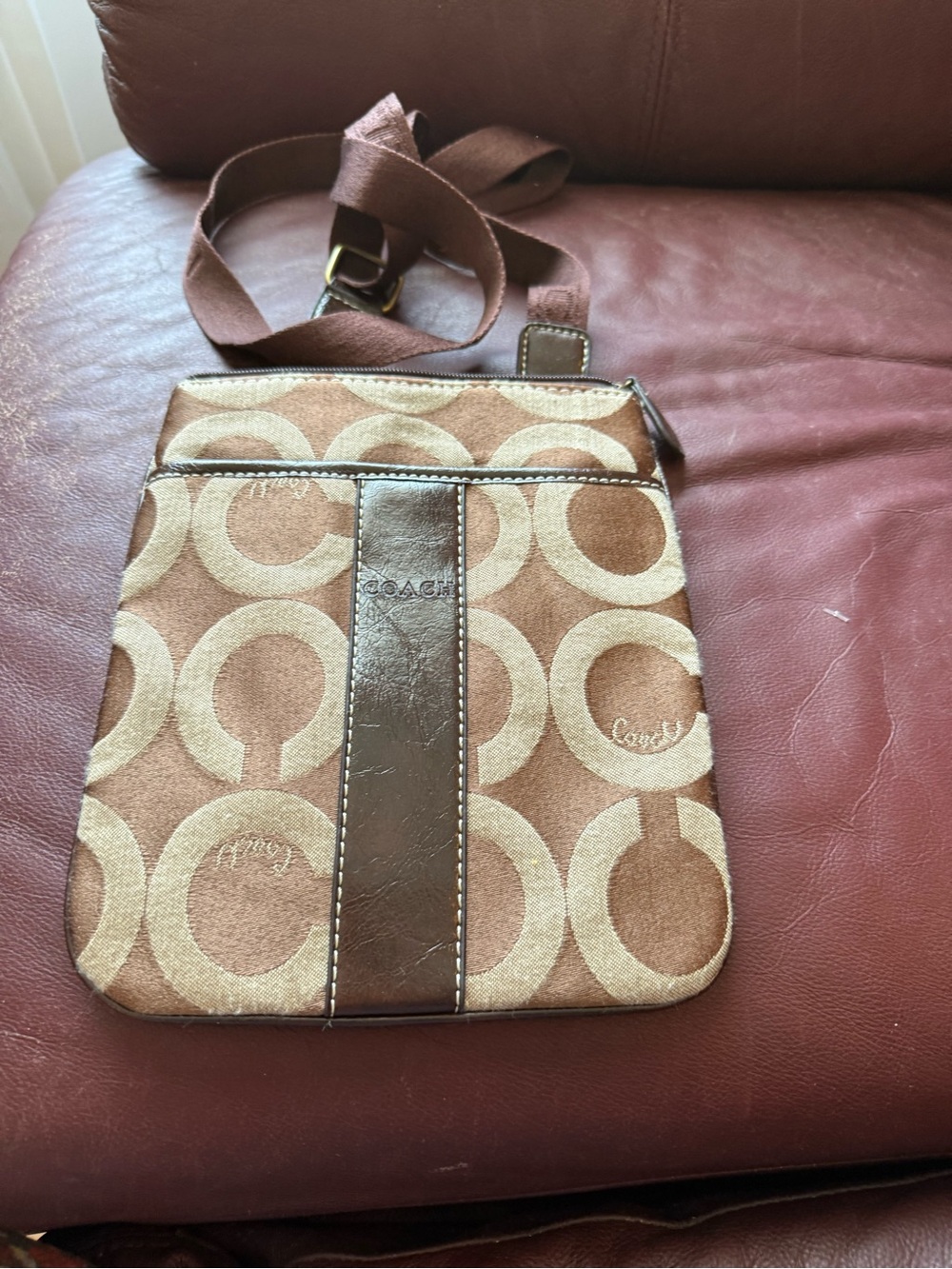 Coach Tan and Brown Signature Canvas Crossbody Bag